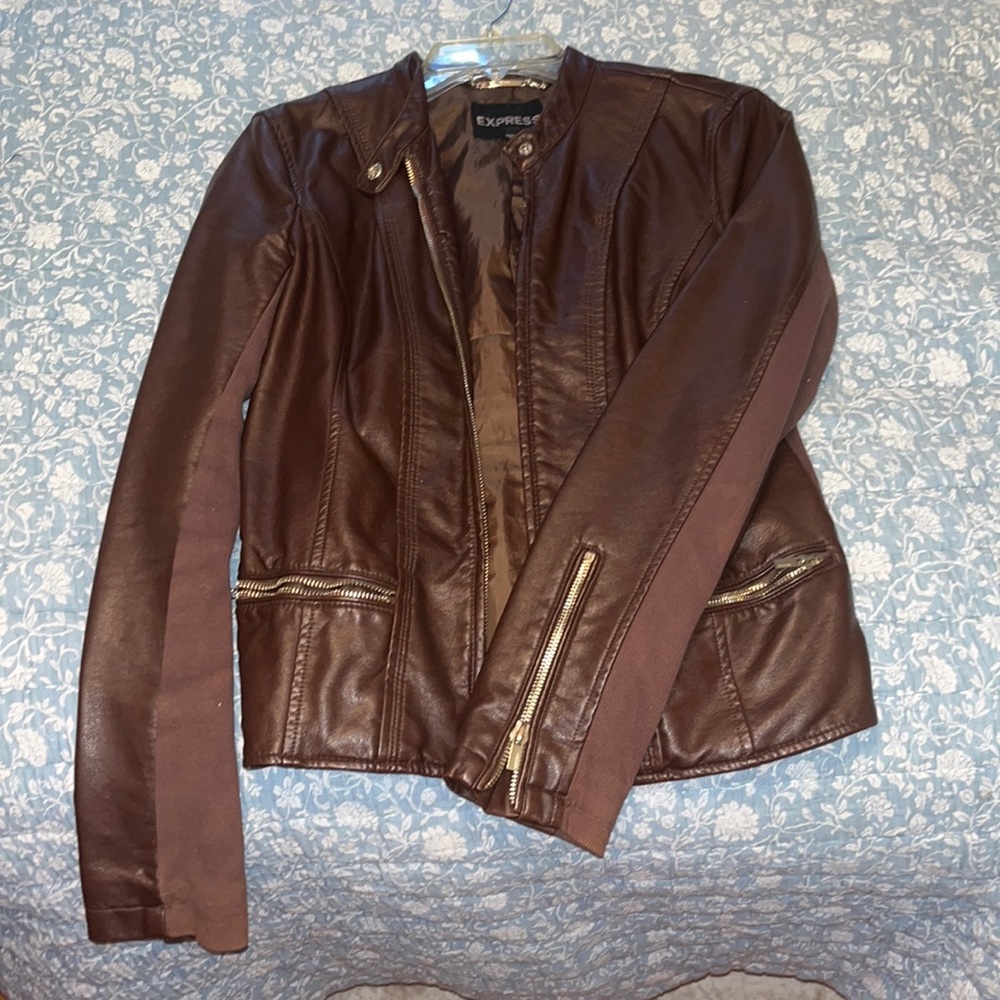 Express Brown Leather Fitted Jacket - image 1
